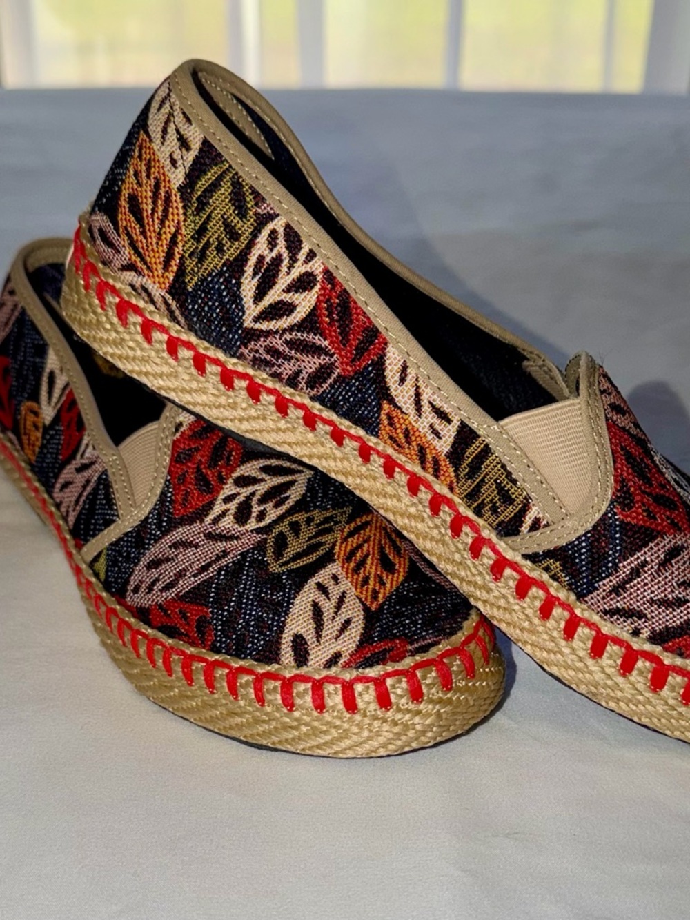 iris Multicolor Leaf-Pattern Espadrille Slip-Ons with Red Trim
